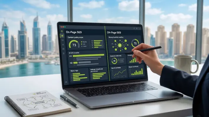 An SEO dashboard on a laptop screen showing side-by-side comparison data for On-Page SEO and Off-Page SEO.