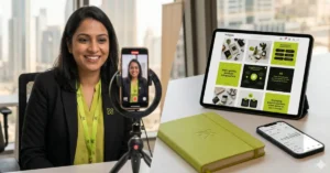 A split-screen graphic showing a female business owner recording a video, and a tablet displaying a faceless social media content grid.