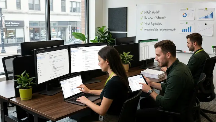 Local SEO team executing quick wins including NAP audit, review outreach and post updates to drive faster Google Business Profile improvement