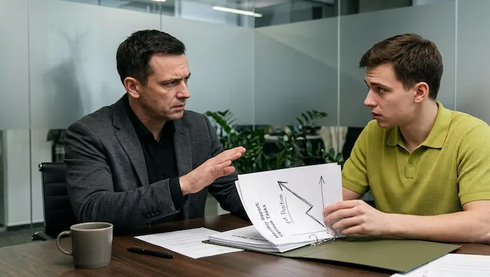 Senior SEO consultant pointing out red flags in an SEO pricing proposal to a junior team member during a serious office review meeting