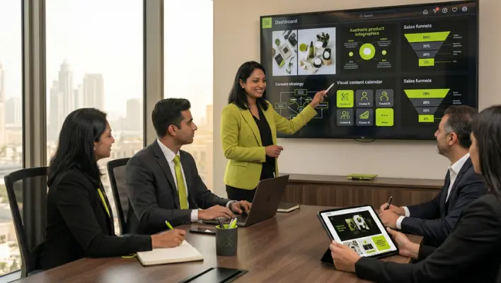 A female marketing manager presenting a faceless digital content strategy and analytics dashboard on a large screen to a team of professionals in a corporate boardroom.