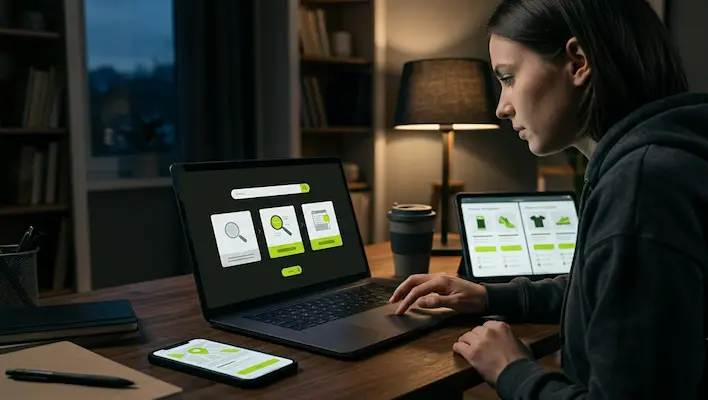 Person analyzing search intent across informational and commercial keyword results on a laptop with product comparison pages on a tablet at night