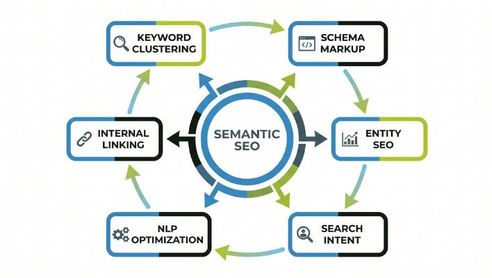 Semantic SEO cycle diagram showing six connected stages - keyword clustering, schema markup, entity SEO, search intent, NLP optimization, and internal linking