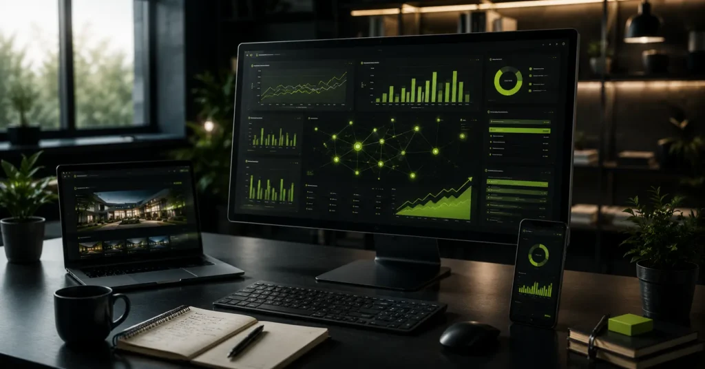 A realistic illustration explaining SEO best practices with website optimization, keyword research, technical SEO, and analytics dashboards.