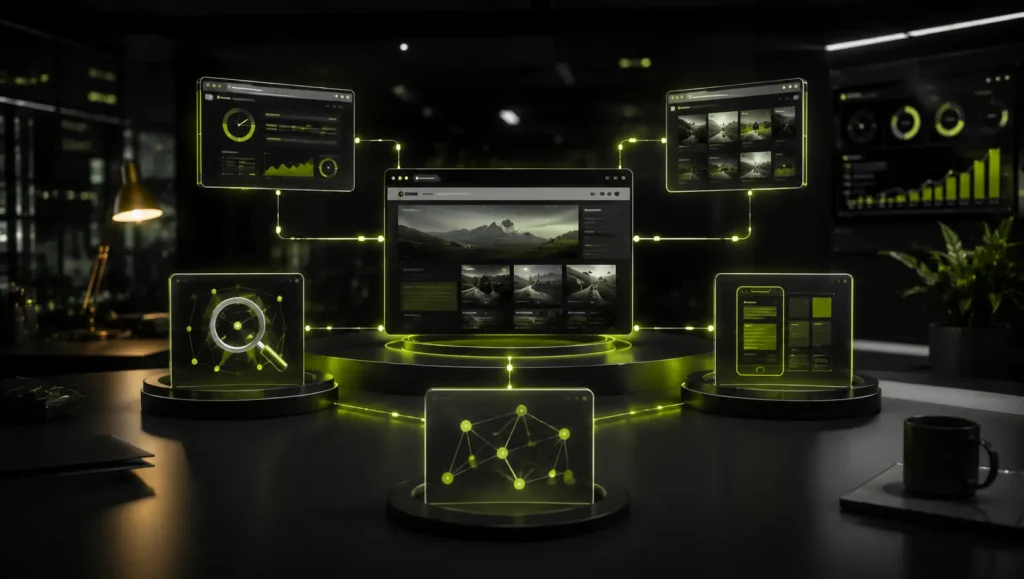 A realistic visualization of SEO best practices showing technical SEO, content optimization, user experience, and backlink strategy.