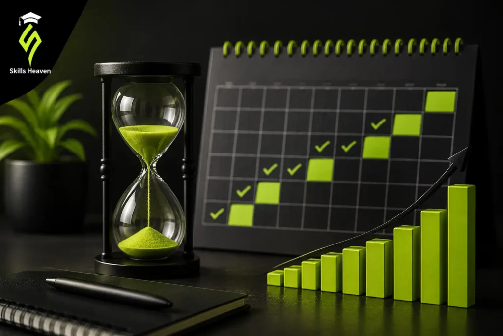 How Long Does SEO Take to Show Results illustrated with a website analytics dashboard, improving keyword rankings, growing organic traffic, and a timeline showing SEO progress over several months.