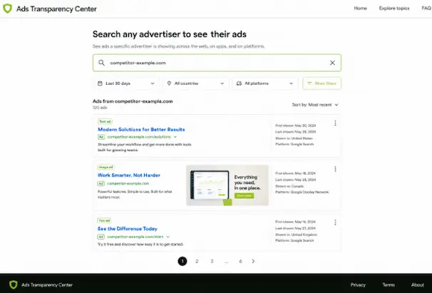 A image of the Google Ads Transparency Center interface showing active text and image ads for a placeholder domain name, demonstrating how to spy on competitors Google Ads.