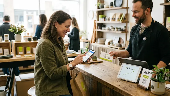 Shop owner asking a happy customer to leave a Google review on her phone at the counter to strengthen business reputation over time