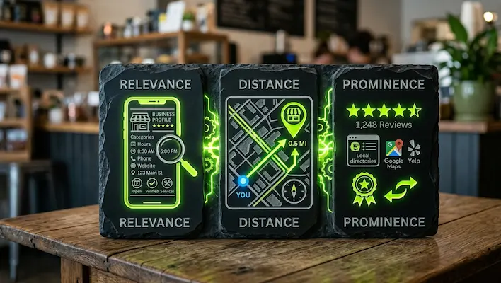 Three stone tablets displaying Google local ranking factors — relevance, distance and prominence — with business profile, map and review signals