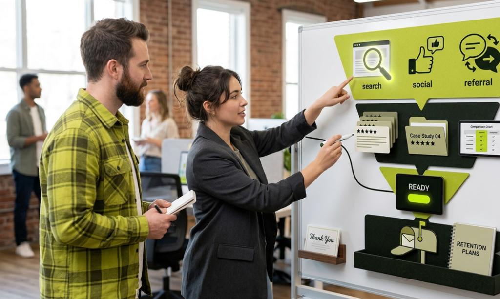 Marketing team reviewing a visual funnel board showing search, social and referral acquisition flowing through reviews and case studies into retention plans