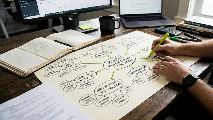 SEO strategist highlighting a keyword cluster mind map covering topical authority, long tail keywords and answer engine optimization on a desk