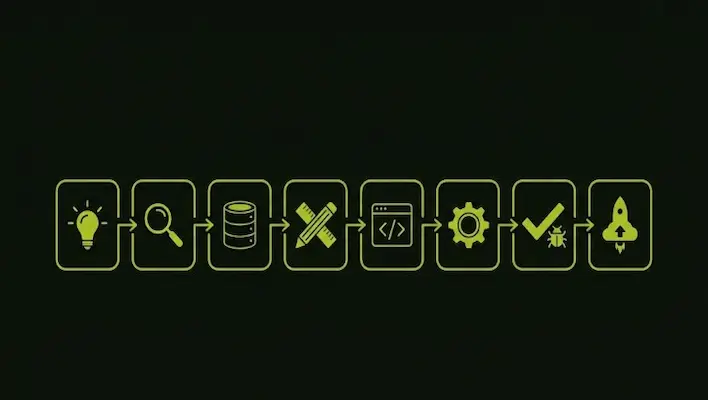 Flowchart showing how to develop web application from planning to deployment in 8 steps