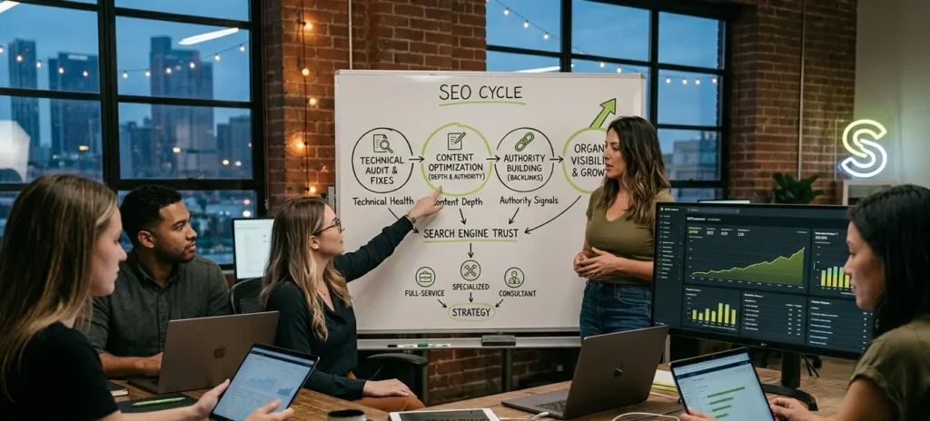 SEO agency team performing keyword research, technical SEO, content optimization, and link building to improve website rankings