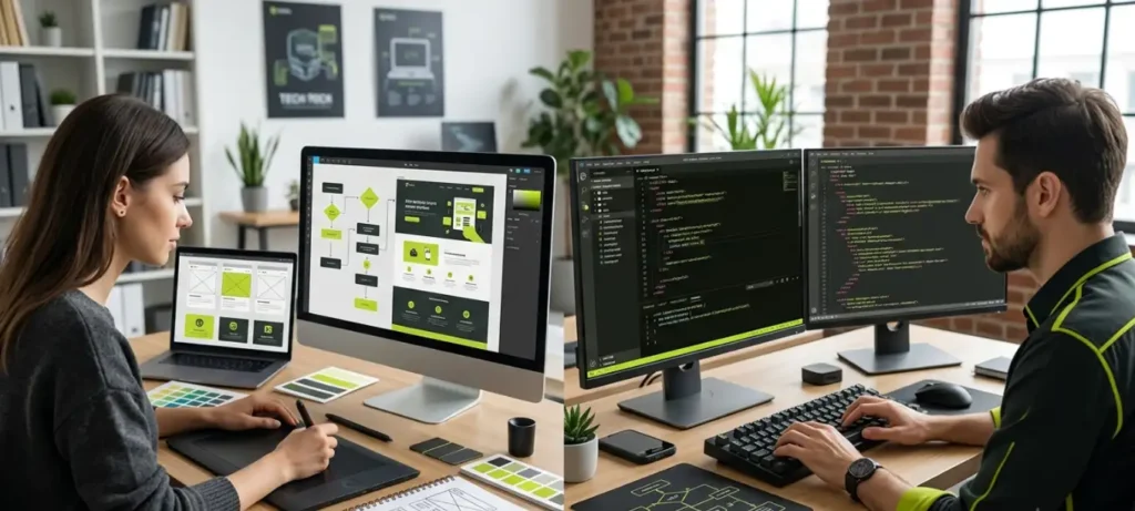 A side-by-side comparison illustrating a web designer creating layouts and a web developer writing code, answering the question "What Does a Web Developer Actually Do?".
