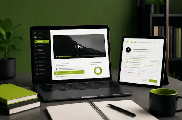 A laptop and tablet displaying responsive user interfaces with video players, menus, and charts, illustrating what is front end in web development.