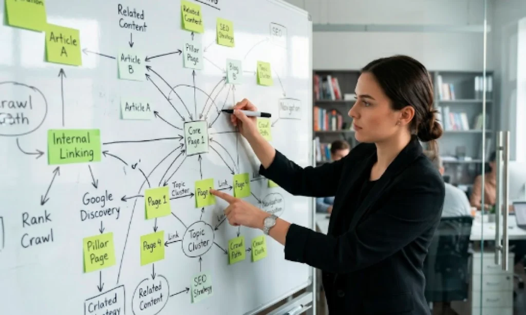 A realistic conceptual visualization of website architecture and internal linking networks, featuring nodes and interconnected lines styled in lime green and dark charcoal colors to represent how web pages talk to each other.