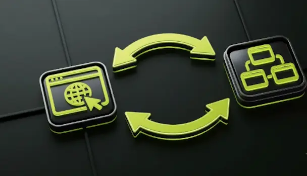 Conceptual diagram illustrating what is internal and external linking. On the left, a green icon shows a browser with a world globe and cursor (representing an external link to the web). On the right, a green icon shows a structured sitemap with multiple pages (representing internal links within a site). Circular arrows show information flow.
