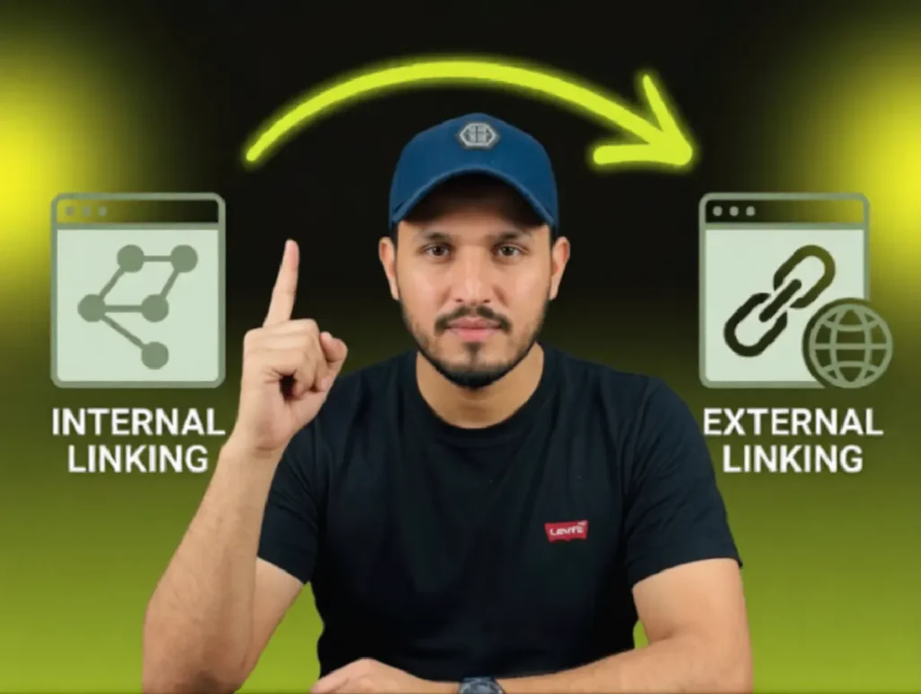 digital marketing presenter pointing to illustrative icons explaining what is internal & external linking for website optimization.