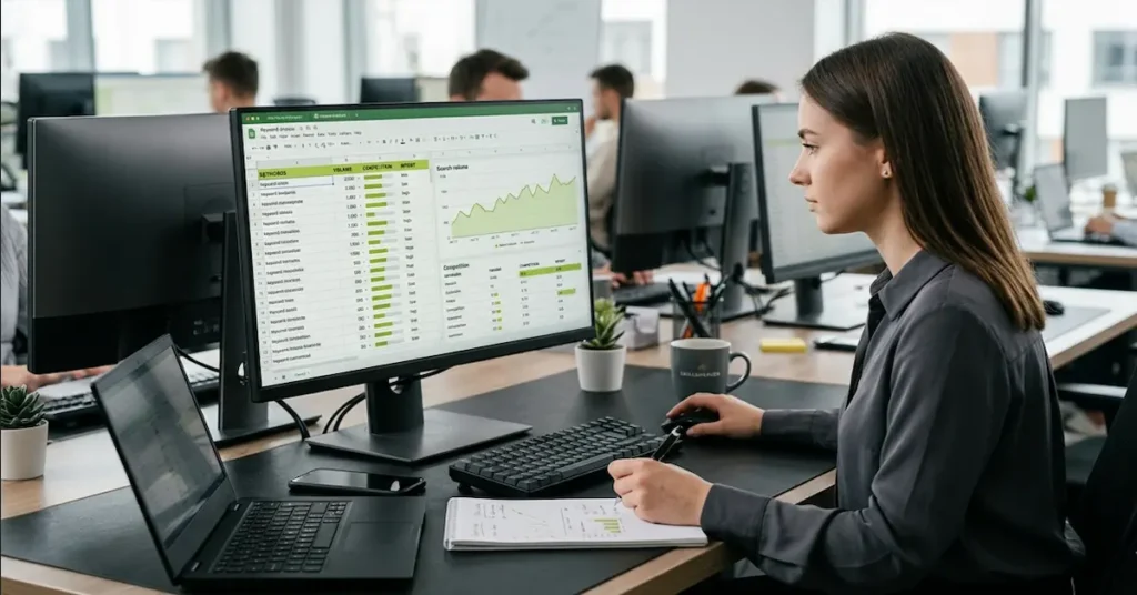 Woman analyzing keyword data in SEO spreadsheet showing search volume, competition, and keyword intent