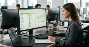 Woman analyzing keyword data in SEO spreadsheet showing search volume, competition, and keyword intent