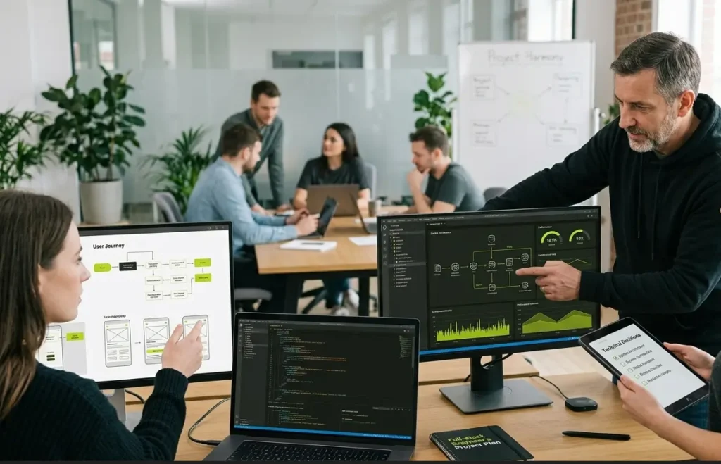 A team collaborates in a modern tech office on architecture planning and interface design, demonstrating What Is the Difference Between Coding and Web Development?