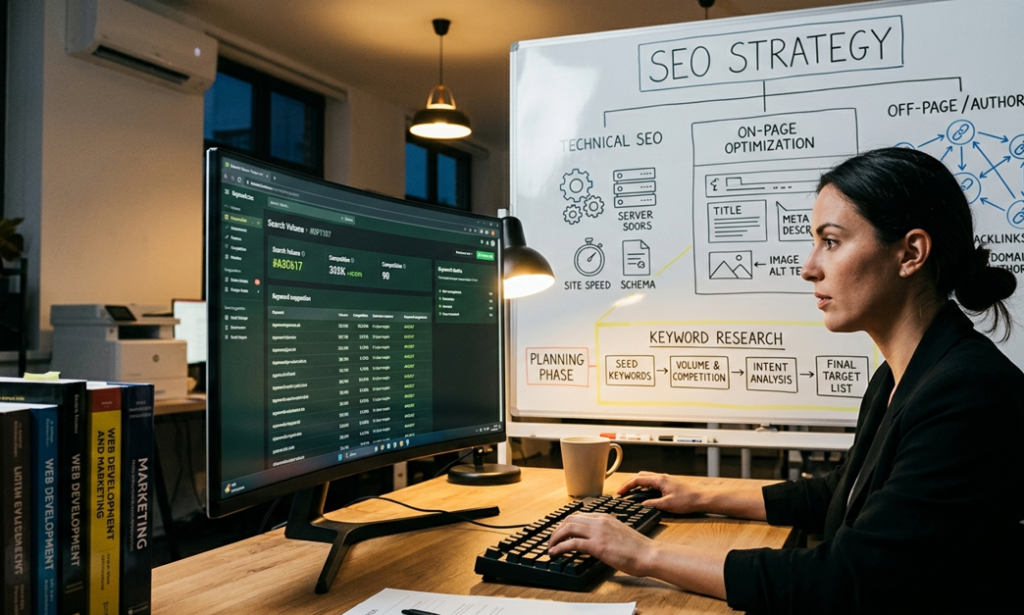 SEO strategist reviewing keyword research data on a monitor beside a whiteboard showing the full SEO strategy including technical SEO, on-page optimization and keyword research phases