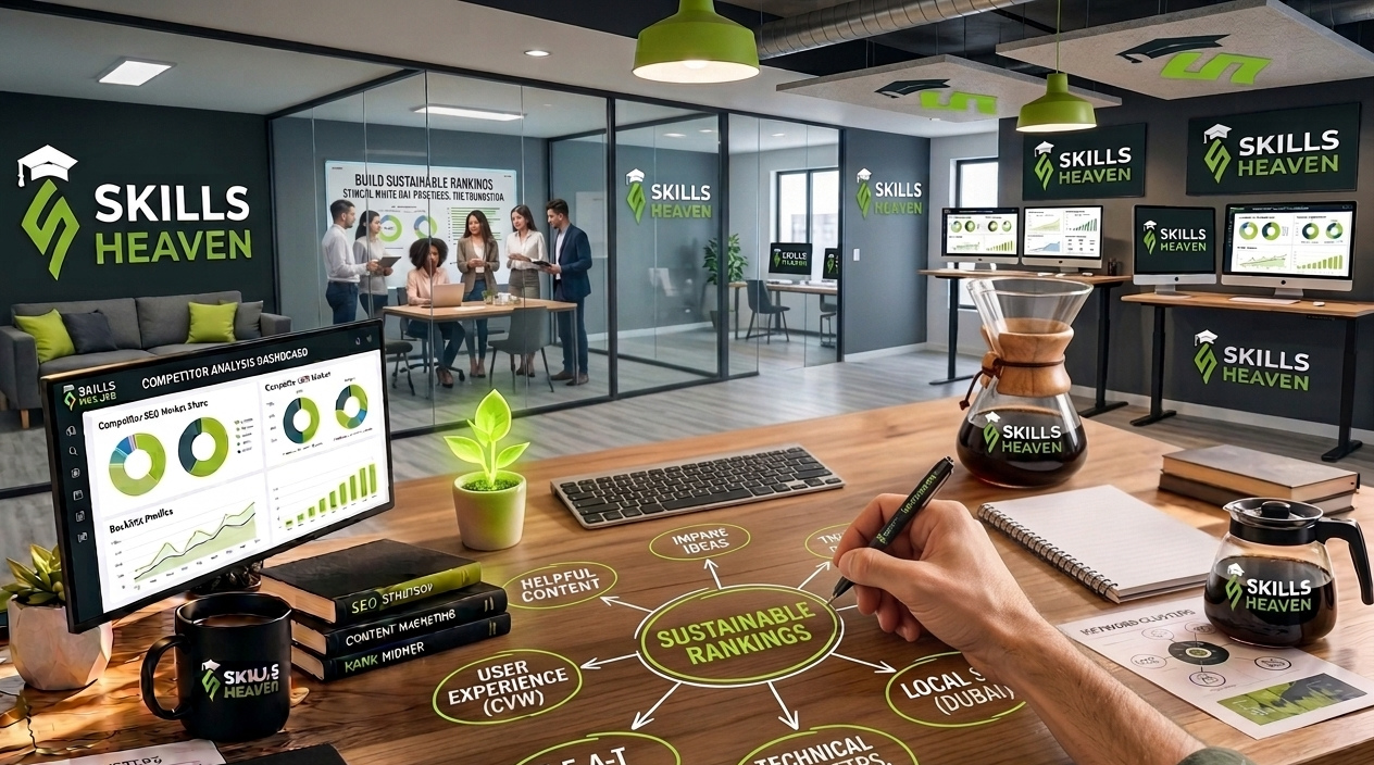 SEO specialist working on a digital marketing strategy for sustainable growth, showcasing white hat SEO techniques, content planning, and performance dashboards in a modern office.