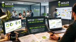SEO specialist working on a digital marketing strategy for sustainable growth, showcasing white hat SEO techniques, content planning, and performance dashboards in a modern office.