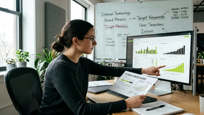 SEO strategist reviewing a keyword strategy report and pointing to ranking growth data on a monitor with a whiteboard showing target keywords, user searches and intent