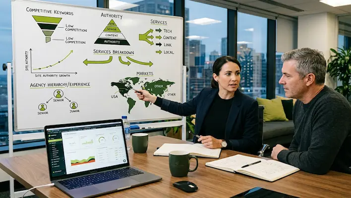 SEO consultant explaining why pricing varies between providers using a whiteboard showing competitive keywords, authority pyramid, services breakdown and global markets