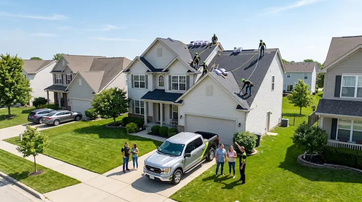 Local roofing contractor working on a residential roof in a suburban neighborhood, showing how SEO helps roofing companies improve local search visibility and attract nearby homeowners.