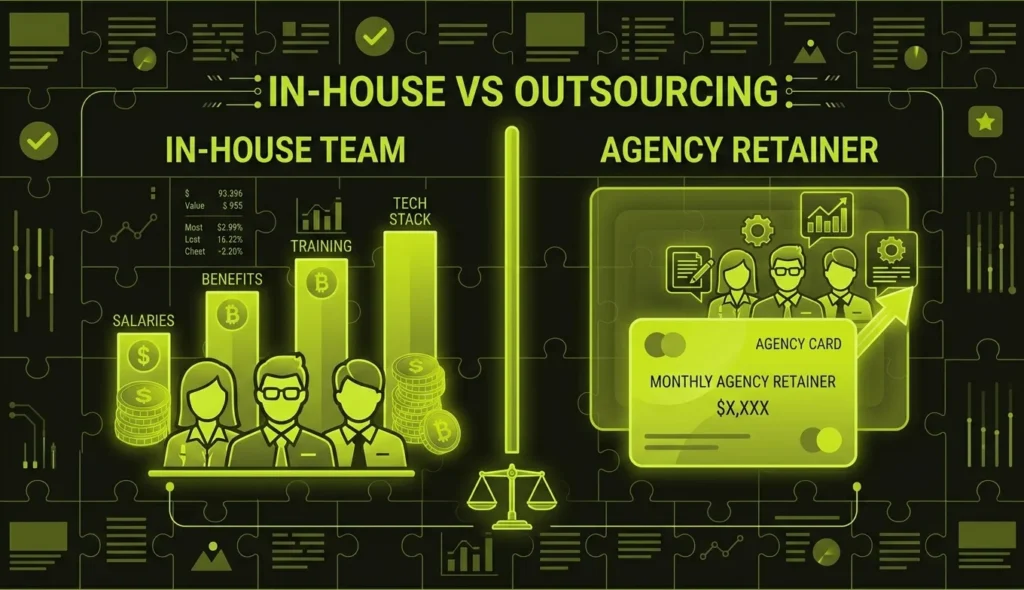 A 2-column table comparing the cost of an agency retainer versus in-house employee salaries.