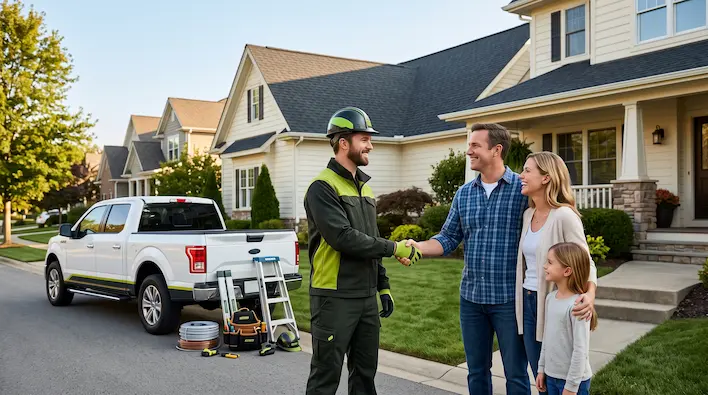 Professional roofing contractor shaking hands with satisfied homeowners after completing a roofing project, demonstrating how SEO helps roofing companies earn trust and generate more local leads.
