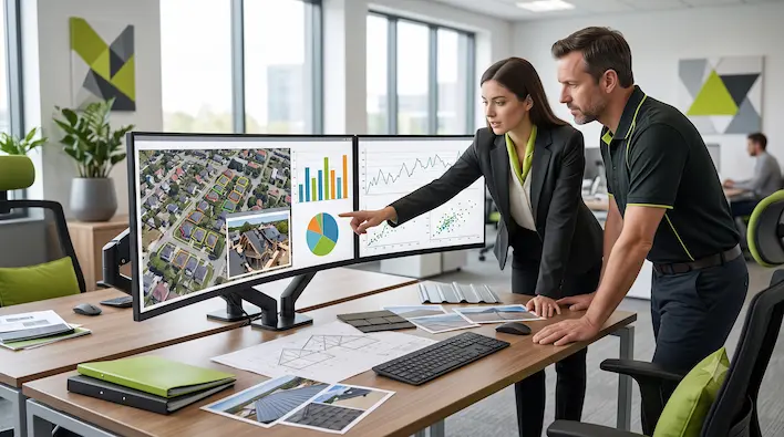 Roofing company owner and marketing specialist planning SEO content strategy to improve organic search rankings and generate more local roofing leads.