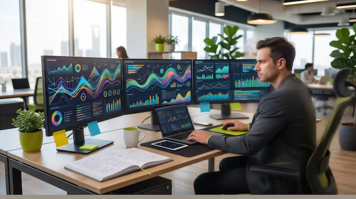 Small business owner analyzing SEO and search engine marketing strategies to improve online visibility and attract more customers through digital marketing channels.
