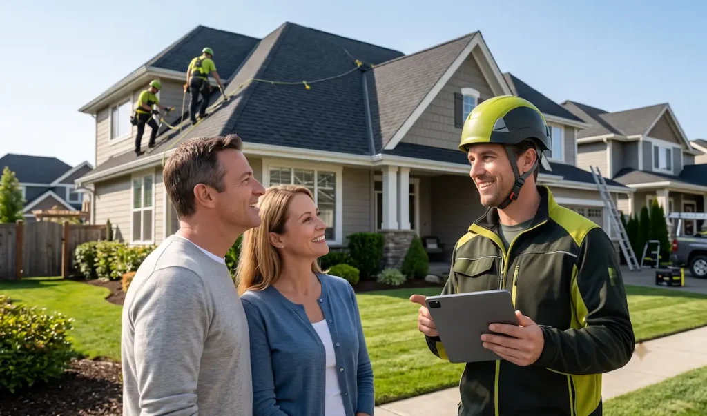How SEO helps roofing companies win more local leads with a professional roofing contractor meeting homeowners outside a newly completed roof installation