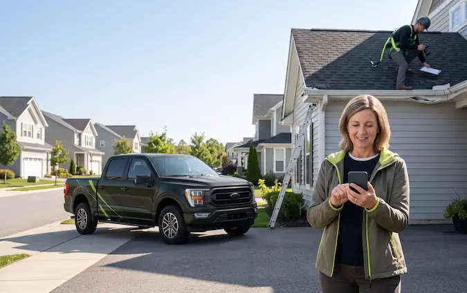 **Alt Text (Body Image 4):**
Homeowner using a smartphone while a roofing contractor arrives to inspect roof damage, illustrating mobile-friendly local SEO and how roofing companies attract more local leads.
