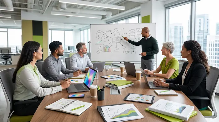 Marketing team collaborating on a multichannel digital marketing strategy to help a small business reach more customers and achieve sustainable online growth.