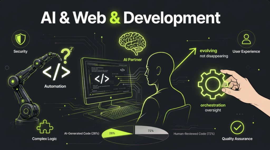 Visual graphic titled "Will AI replace Web Developers? Complete Guide" depicting a silhouette head integrated with digital network nodes, code brackets, and web technology icons.