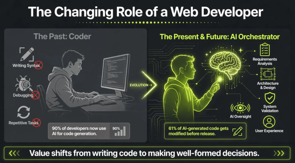 Infographic titled "The Changing Role of a Web Developer" contrasting the past role of "Coder" (writing syntax, debugging, repetitive tasks) with the present and future role of "AI Orchestrator" (requirements analysis, architecture and design, system validation, AI oversight, user experience).