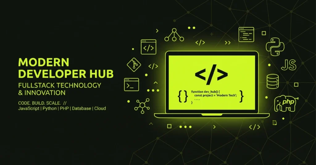 Best language for web development in 2026 shown as a laptop with code alongside JavaScript, Python, PHP, and database icons