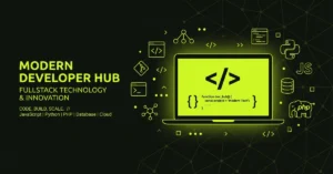 Best language for web development in 2026 shown as a laptop with code alongside JavaScript, Python, PHP, and database icons