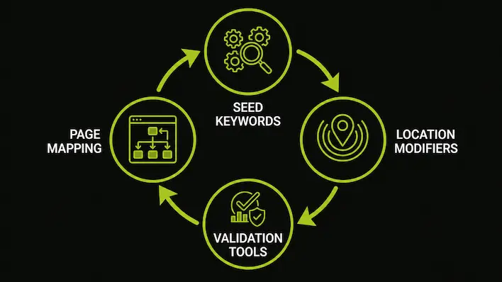 Summary graphic recapping four key steps in local keyword research including seed keywords, location modifiers, validation tools, and page mapping