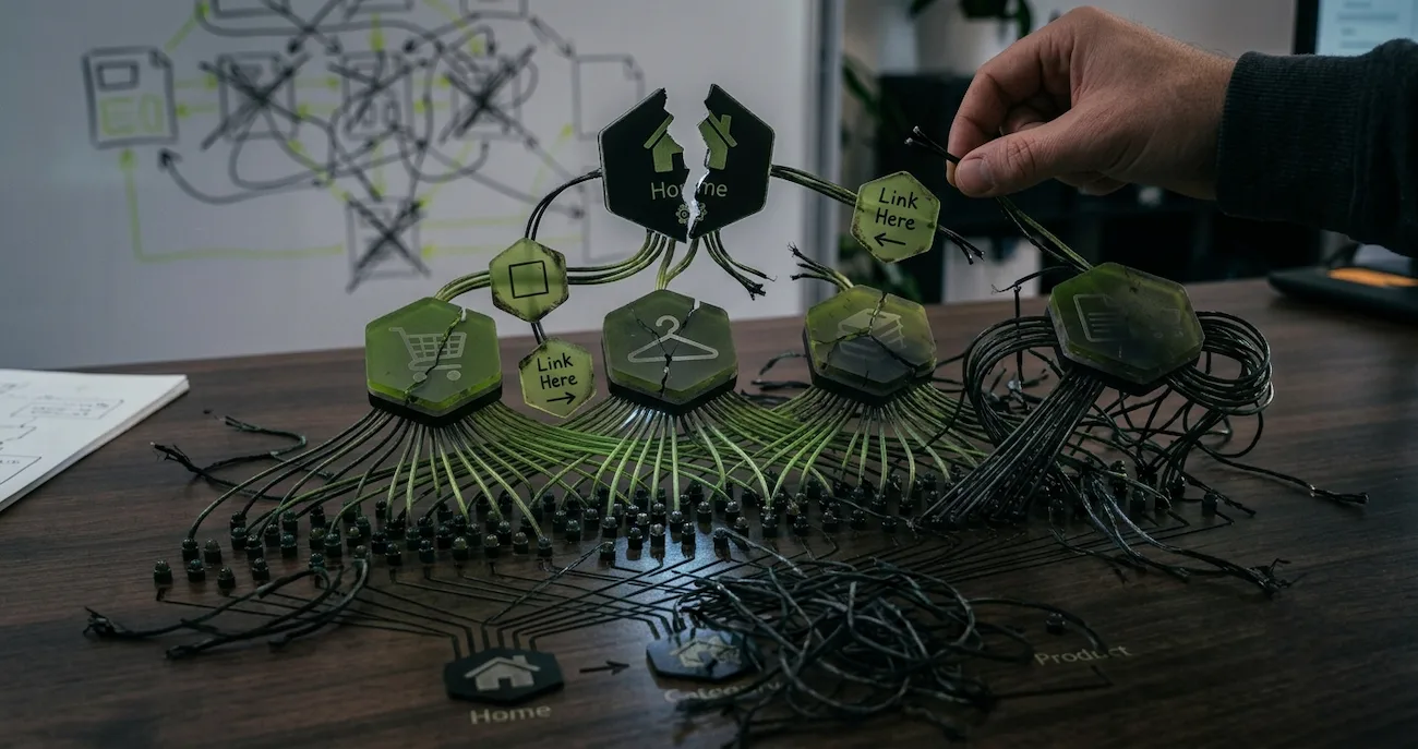A close-up of a hand holding broken wires on a cracked physical 3D model, showing how a disorganized structure damages internal links per page SEO flow.