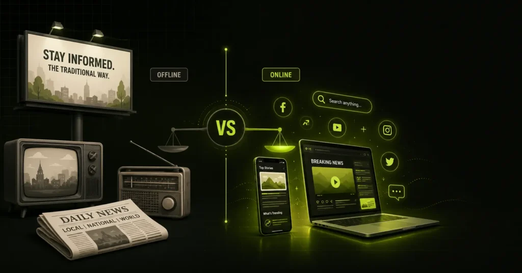 Digital marketing vs traditional marketing comparison showing offline media beside digital channels.