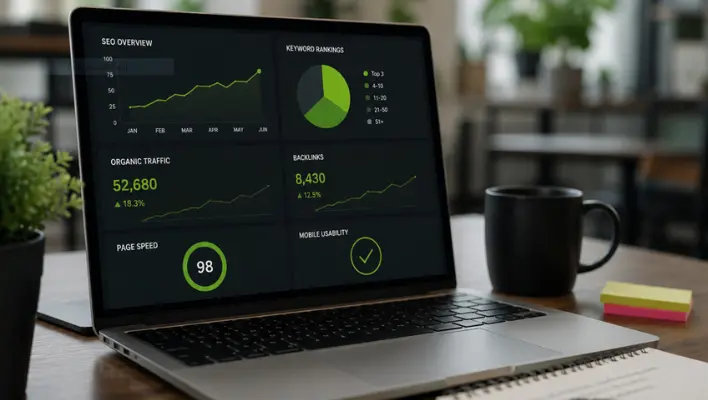 Laptop displaying SEO performance metrics dashboard