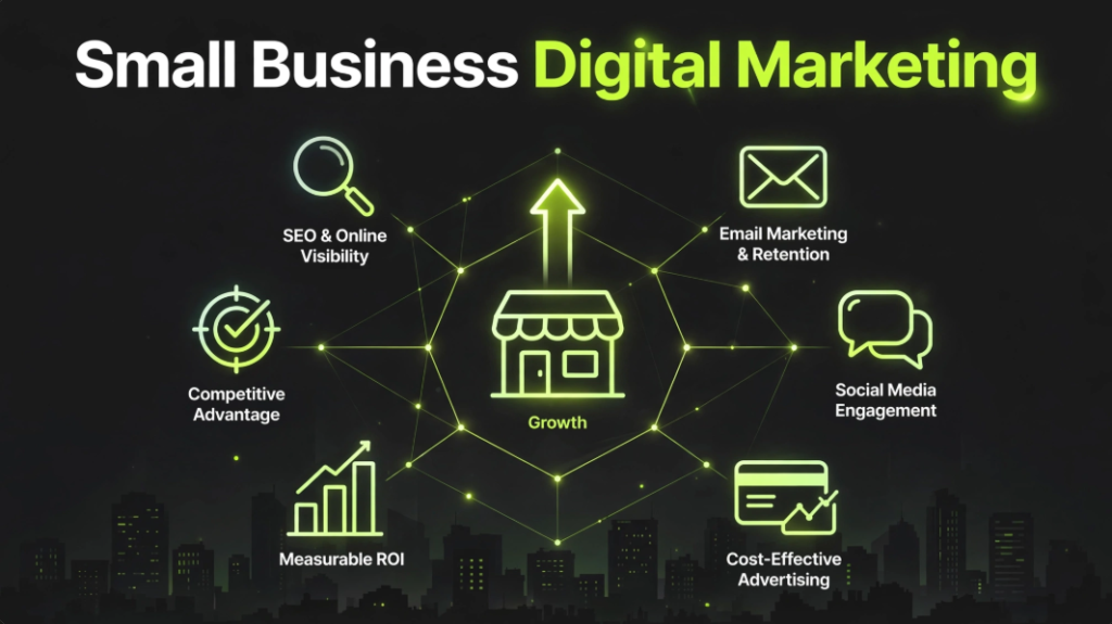 Infographic titled "Small Business Digital Marketing" illustrating key growth drivers connected to a central storefront icon, including SEO and Online Visibility, Email Marketing and Retention, Social Media Engagement, Cost-Effective Advertising, Measurable ROI, and Competitive Advantage.