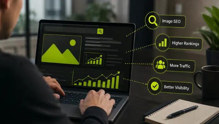 Person analyzing website images and SEO performance on a laptop.