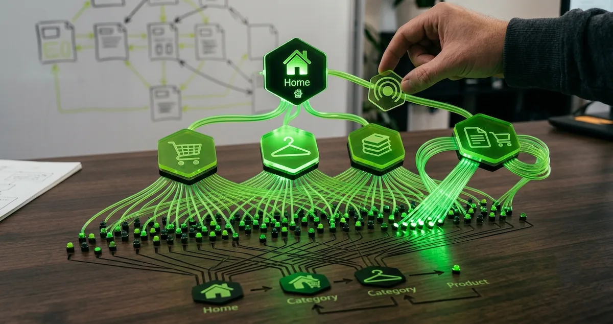 A close-up of a person's hand interacting with a glowing green physical 3D model that demonstrates a website silo architecture and internal links per page SEO distribution from the homepage down to categories and products.