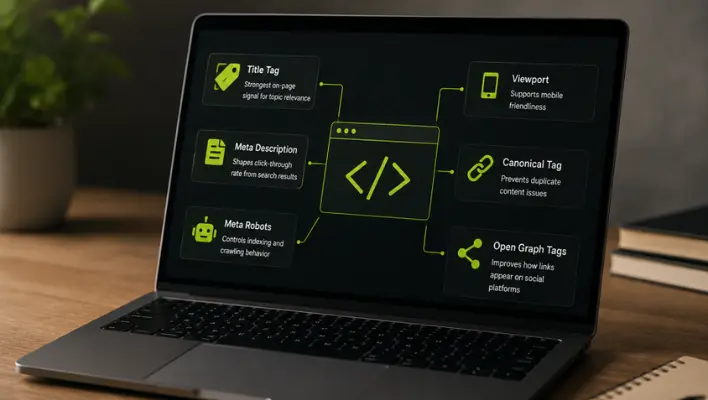 SEO meta tag dashboard on laptop screen